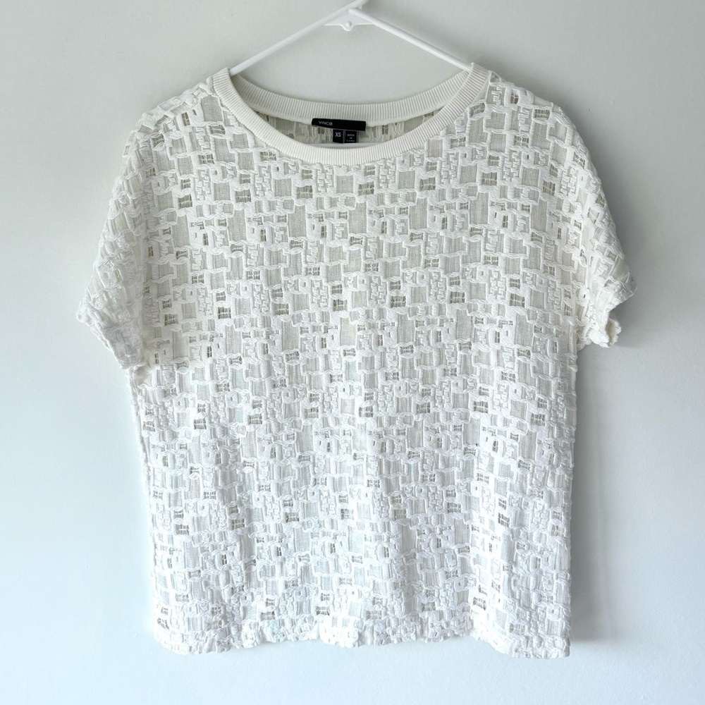 Vince White Cotton Semi-Sheer Square Textured Knit Short Sleeve Top
